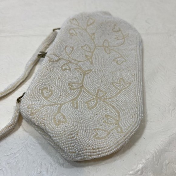 VTG Handmade White Pearl Beads Floral Pattern Kiss Lock Evening Purse Handbag - Picture 4 of 12